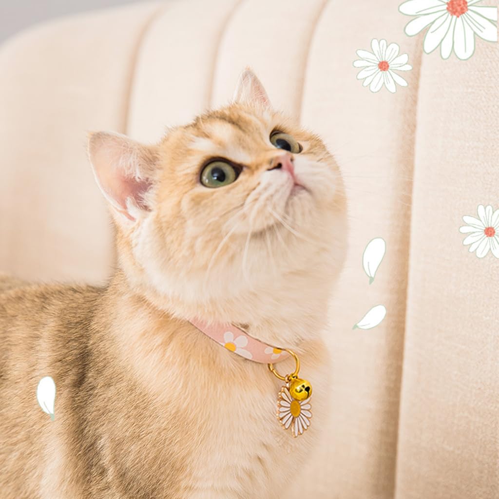 Qpets Cat Collar Cotton Cat Collar with Daisy Flower Charm Quick Release Buckle Design 18-32cm Adjustable Cat Collat Cute Pink Floral Print Cat Collar