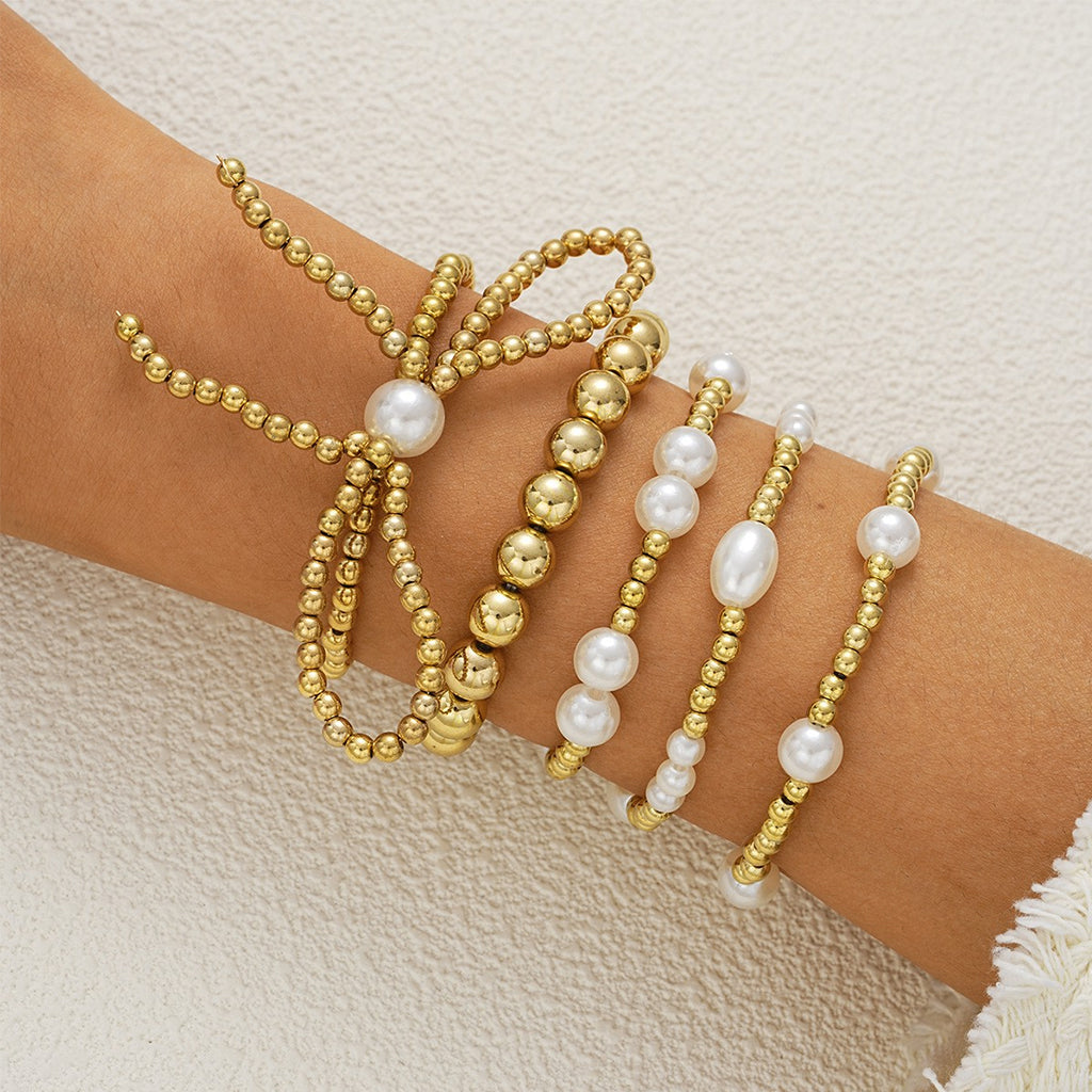 SANNIDHI 5Pcs Metal Beaded Bracelets Golden Beaded Faux Pearl Bracelets for Girls Women Golden Finish Elegant Bowknot String Beaded Bracelets Jewelry Gift for Girls Birthday Gift