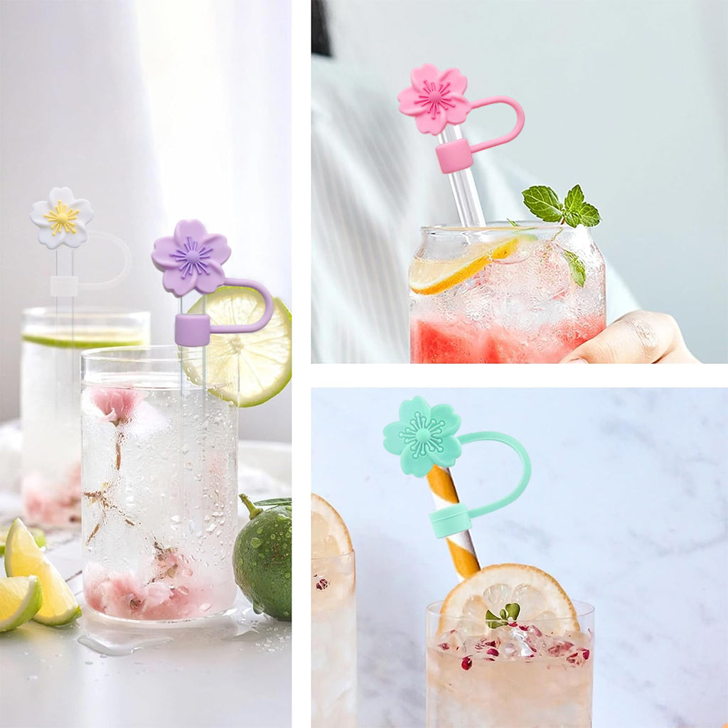 HASTHIP® 5Pcs Flower Straw Caps Multi Color Silicone Kawaii Sakura Straw Caps Stanley 30&40 Oz Cups Cherry Blossom Straw Covers Universal 10mm Straw Covers for Glass Straws, Stainless Steel Straws