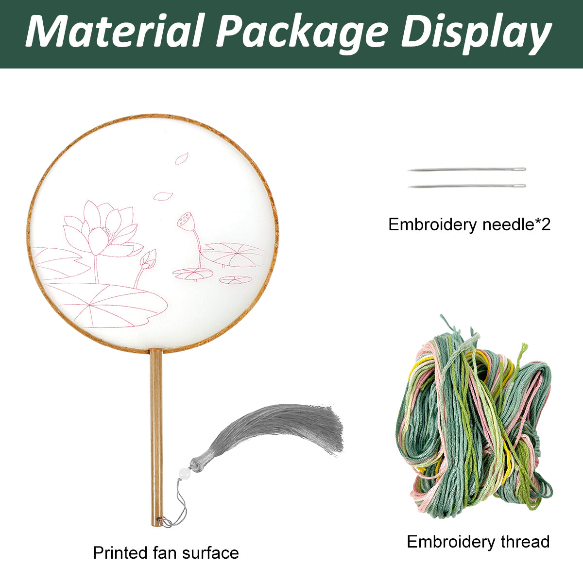 HASTHIP DIY Hand Fan Material Art Kit Handmade DIY Fabric Tassel Embroidery Lotus Wooden Handle Hand Fan Material Pack DIY Hand Fan Gift Mother's Day Gift Birthday Gift