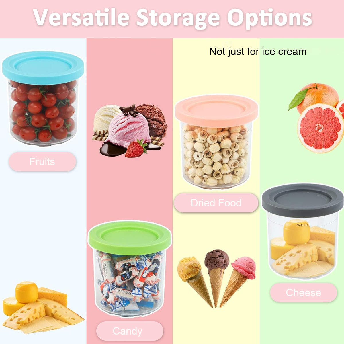 HASTHIP 4Pcs 16Oz Ice Cream Tubs Compatible with Ninja CREAMi Ice Cream Maker NC300, NC299AM Ice Cream Tubs Ice Cream Pints with Lids for Ninja Ice Cream Maker, with 4 Color Spoons & Ice Cream Scoop