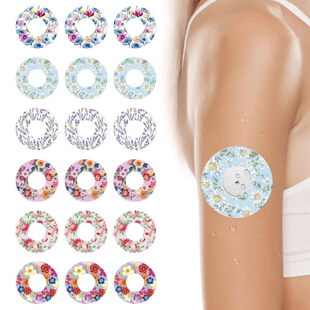 HANNEA 18Pcs Self Adhesive Patch Stickers for Freestyle Libre Sensor, Floral Print CGM Patch Tape, Non-woven Glucose Monitor CGM Patches Covers for Libre 3/2/1 Sensor