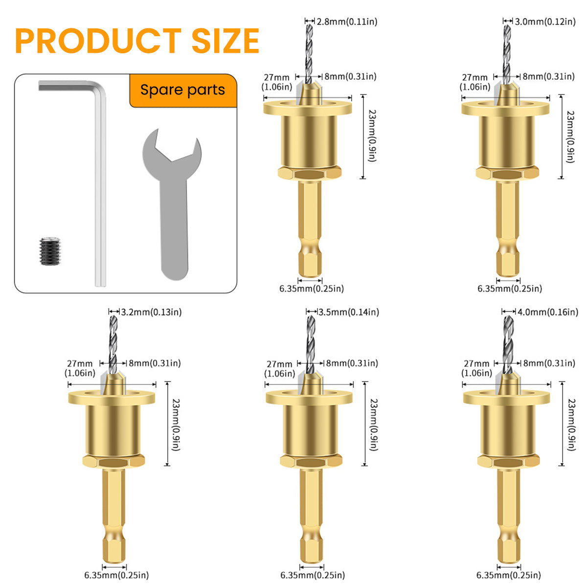 Serplex 5pcs Carbide Tipped 90° Countersink with Adjustable Low Friction Depth Stop Multifunctional Round Shank Bore Woodworking Drill Bit Taper Drill Bit Counterbore Drill Bit Wood Working Tools