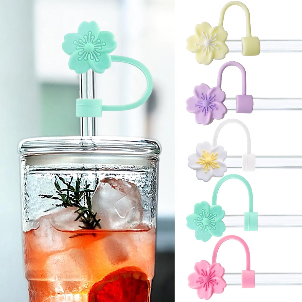 HASTHIP® 5Pcs Flower Straw Caps Multi Color Silicone Kawaii Sakura Straw Caps Stanley 30&40 Oz Cups Cherry Blossom Straw Covers Universal 10mm Straw Covers for Glass Straws, Stainless Steel Straws