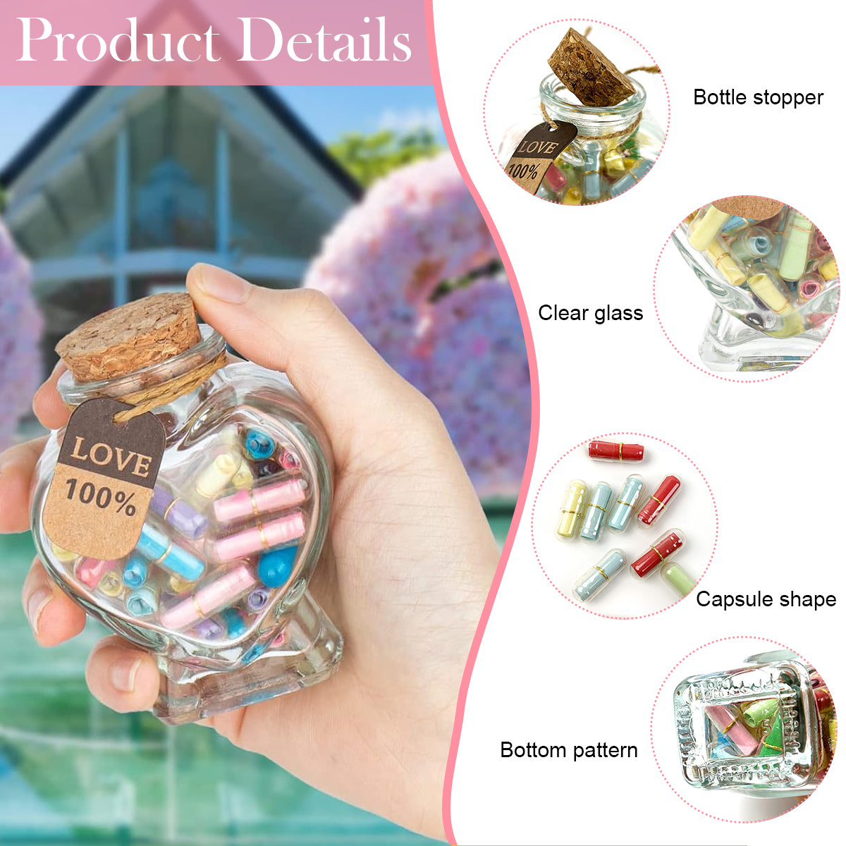 HASTHIP Couple Gift, Letters Message in a Bottle, Romantic Heart Shaped Glass Drift Bottle for Girlfriend - Love Letter for Anniversary, Birthday, Valentines Day (45pcs, love message rolls)