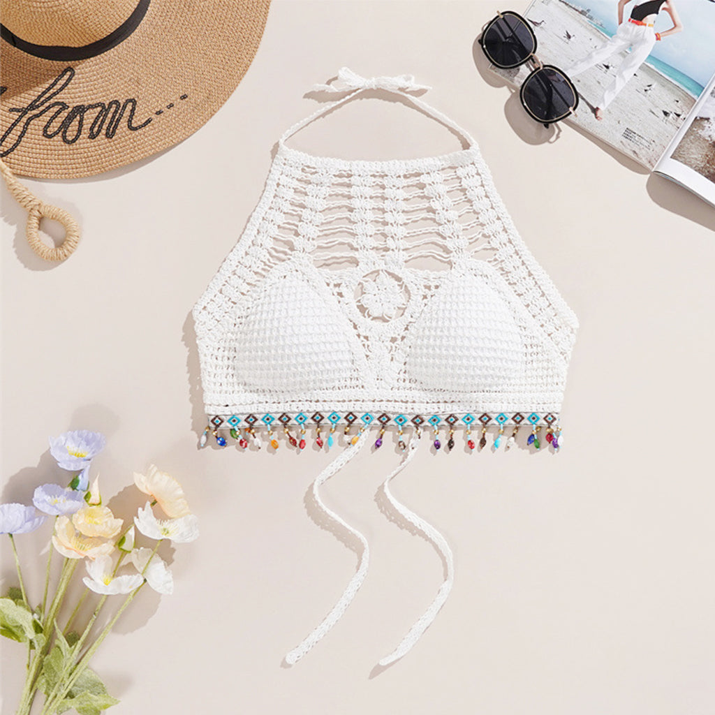 PALAY Women's Summer Beach Backless Crochet Halter Bikini Crop Top Crochet Hollow Out Tassle Embroidery Knit Boho Beachwear