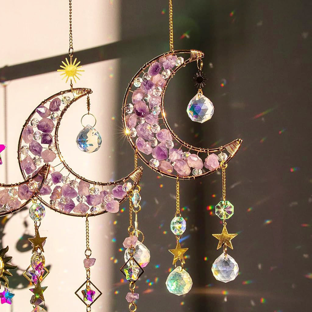 HASTHIP Sparkling Crystal Moon Charm for Home Decor 16.2 inches Decorative Purple Crystal Acrylic Crescent Hanging Charm Auspicious Home Gift Wall Hangings Car Charm