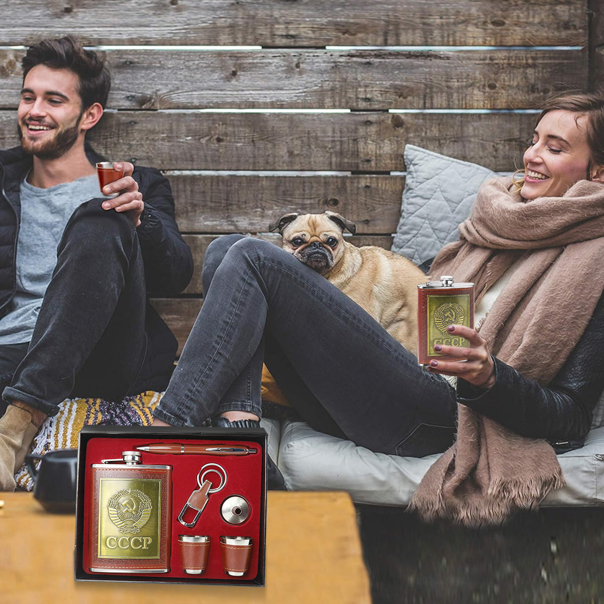 HASTHIP Set of 6pcs 8 Oz Stainless Steel Whisky Flask Bottle Gift Box CCCP Embossed PU Finish with Funnel, Drinking Cups, Keyring, Pen, Liquor Flask Set for Men, Ideal Father's Day Gift