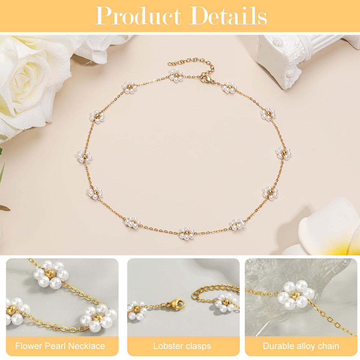 SANNIDHI Pearl Necklace for Women Girls Flower Pendant Necklace with Gift Box Gold Plated Stainless Steel Chain Necklace Jewellery Valentine Birthday Gifts for Women, Girls, Sister, Girlfriend