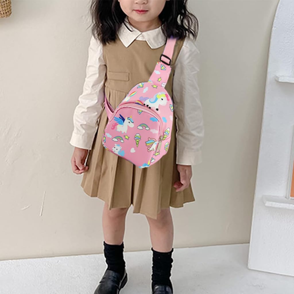 PALAY Kids Chest Bag Pink Unicorn Chest Bag for Kids Outdoor Travel Bag Cartoon Print Nylon Crossbody Bag for Kids Snack Bag Shoulder Bag for Girls