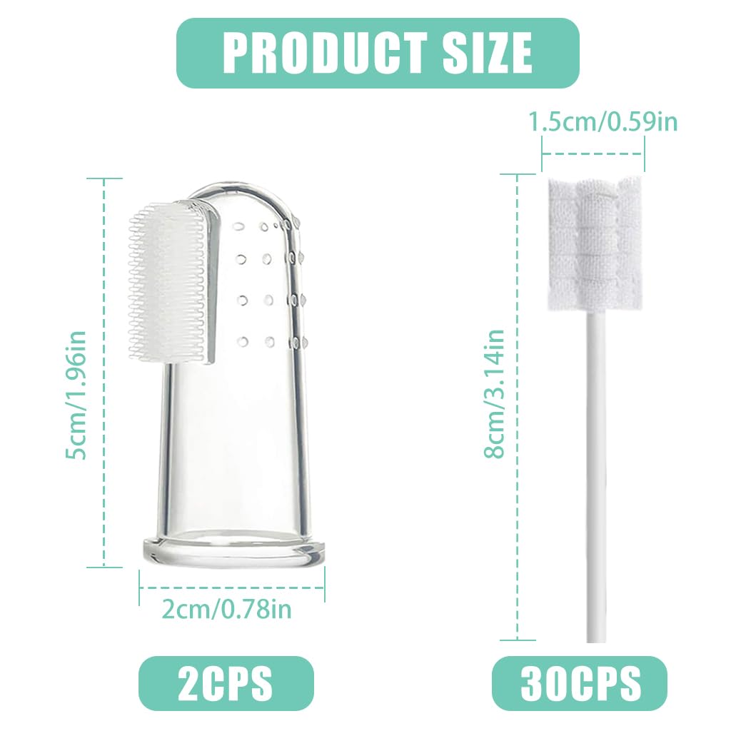 SNOWIE SOFT Baby Oral Cleaning Kit 2Pcs Silicone Baby Finger Toothbrush with 30Pcs Disposable Tongue Cleaner Cotton Swab Infant Toothbrush Dental Cleaning Tool for 0-24 Month Baby