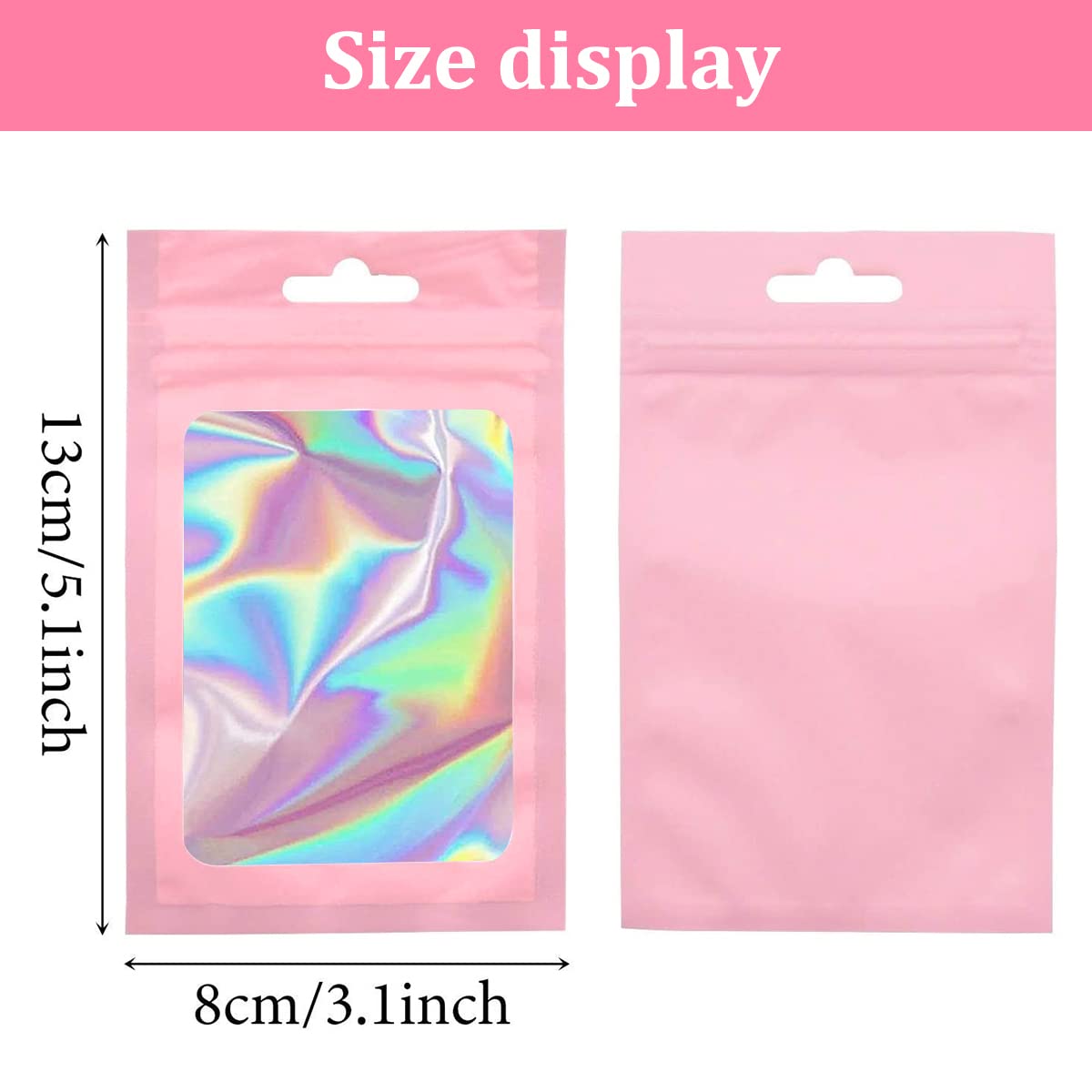 HASTHIP 100 Pcs Smell Proof Mylar Bags, Chocolate Bags Candy Bags Treat Bag Cookie Bags, Resealable Multifunctional Bags for Storing Food, Jewellery and Hardware (Pink, 8 X 13cm)