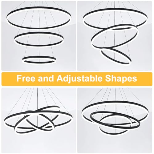 HASTHIP LED Pendant Light, 3 Rings Ceiling Light, with Dimmable and Adjustable Color Chandelier Lamp, with Remote Ceiling Lights for Living Room for Dining Room Bedroom Hallway (Black)