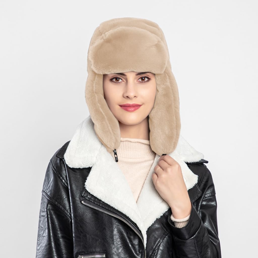 PALAY Winter Warm Hat Trapper Hat Fleece Warm Hat Motorcycling Hat Unisex Windproof Winter Cap for Men and Women Fashion Plush Trapper Hat Christmas Gift Off-White
