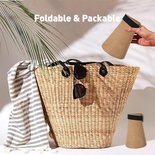 PALAY® Womens Sun Visor Hat Straw Visors for Summer Packable Ponytail Beach Hats Travel UPF 50 Khaki 2 PCS