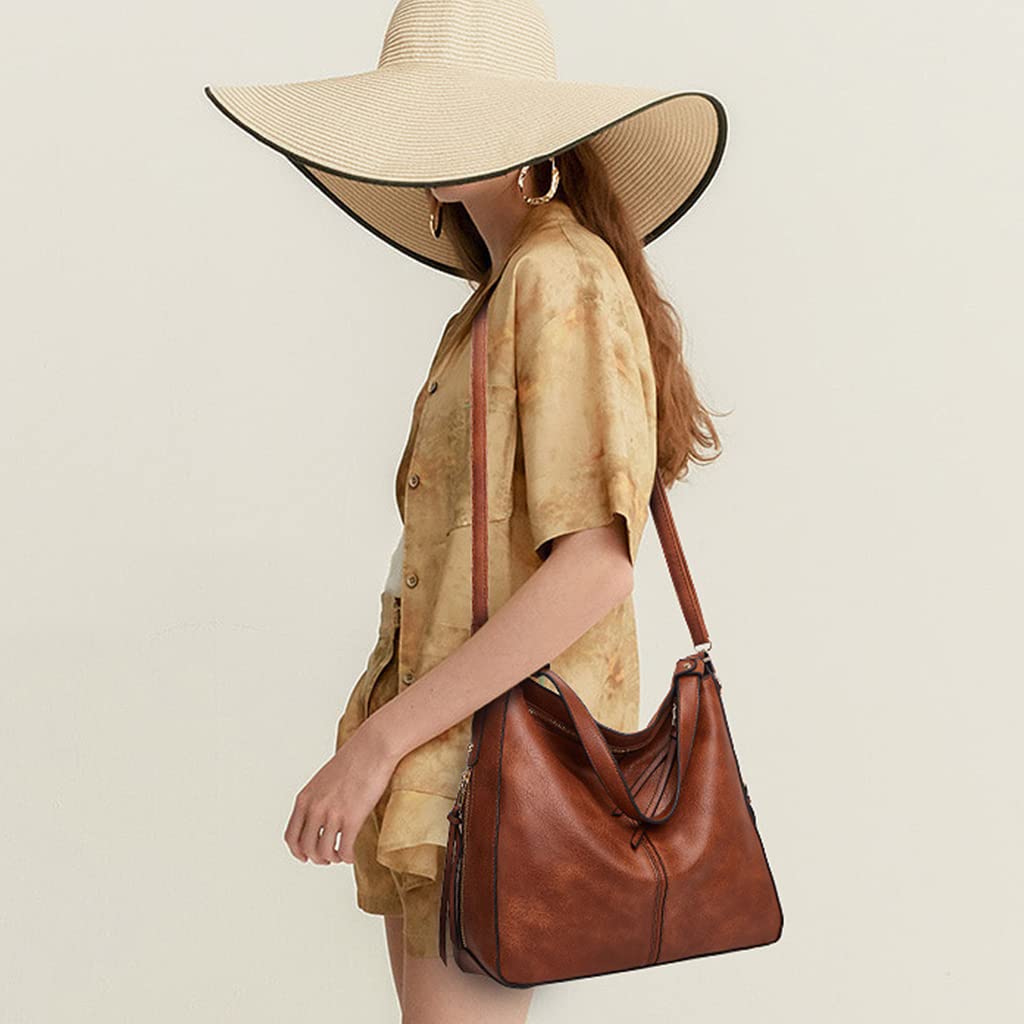 ZIBUYU Tote Handbag for Women Fashion Faux Leather Tote Bag Classic Shoulder Crossbody Bags for Lady Girl Solid Color Brown