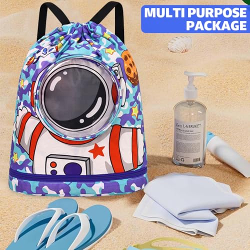 Proberos® Swimming Bag for Kids Waterproof Drawstring Backpack with Shoe Compartment Cartoon Print Polyester Travel Activity Bag 2PCS