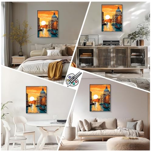 HASTHIP® Paint by Numbers Sunset Riverside Town Landscape Acrylic Oil Painting DIY Canvas Art Craft Wall Home Decor Gift Kit with Tools Pigments No Frame 16x20 inches 2 PCS