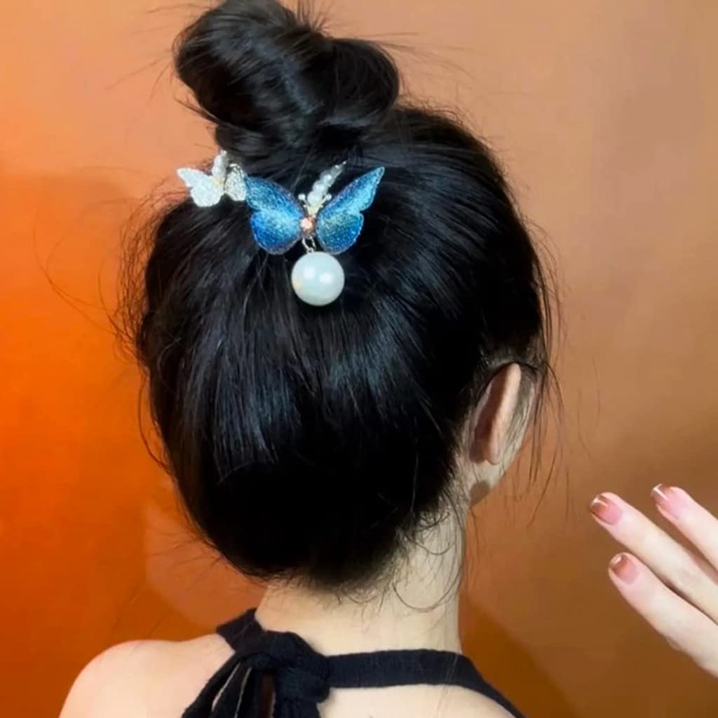 PALAY Hair Bun Accessories for Women Pearl Butterfly Bun Holder Hair Style Clip, Stylish Metal Rhinestone Twist Hair Bun Clips for Ladies Bride Party or Daily