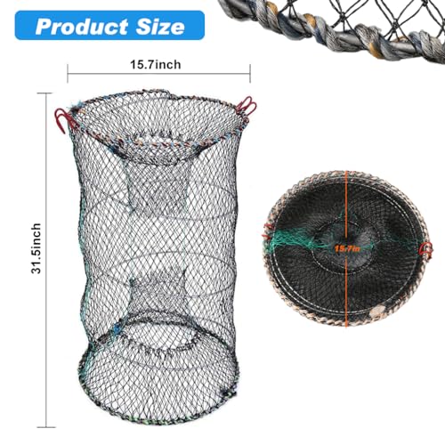 Proberos Foldable Fishing Net Fishing Basket Sturdy Nylon Mesh Fishing Net Wide Open 31 Inches Folding Fishing Net for Shrimps, Crab, Lobsters, Fishes