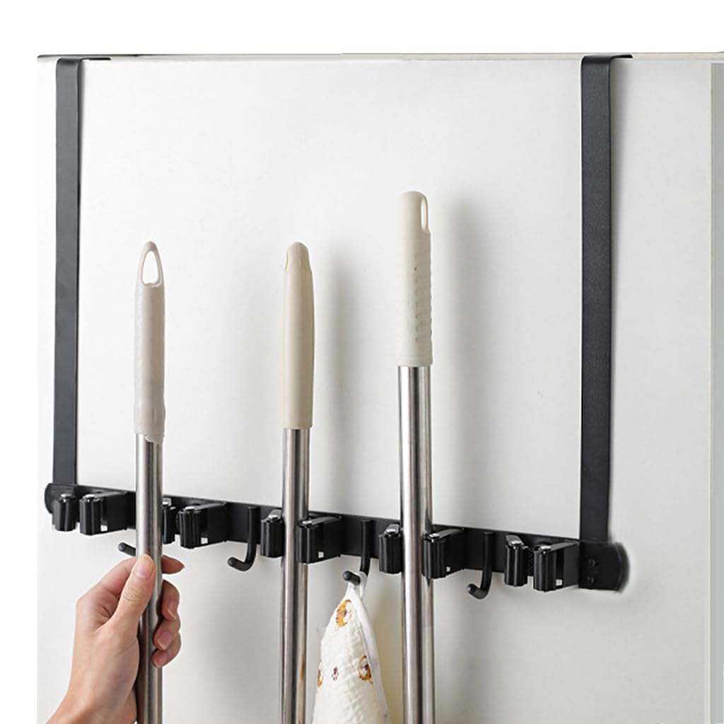 HASTHIP Stainless Steel Broom Holder Wall Mounted, 5-Slot Mop Organizer with 4 Hooks, Heavy Duty Multifunctional Rack Broom Mop Holder for Kitchen Bathroom Closet Garage Office Garden