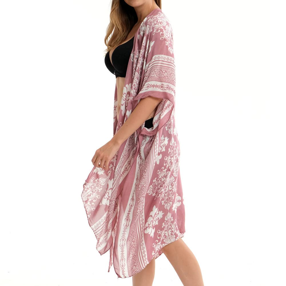 PALAY Women's Coverups for Beach Wear, Floral Print Beachwear for Women, Summer Swimsuits Beach Coverup Cardigan Wrap, Vacation Casual Cover Up for Bikini Swimwear (3/4 Sleeve, Open Front)