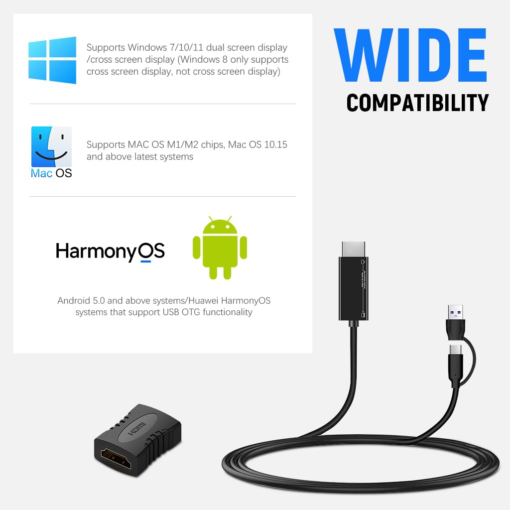 ZORBES USB C to HDMI Cable 2 in 1 USB to HDMI Cable with USB 3.0 Connector 1920x1080P@60Hz HD Video Connection Cable 5.9ft HDMI Cable Universal HDMI Adapter Cable for Laptop, Mobile Phone, iPad Pro