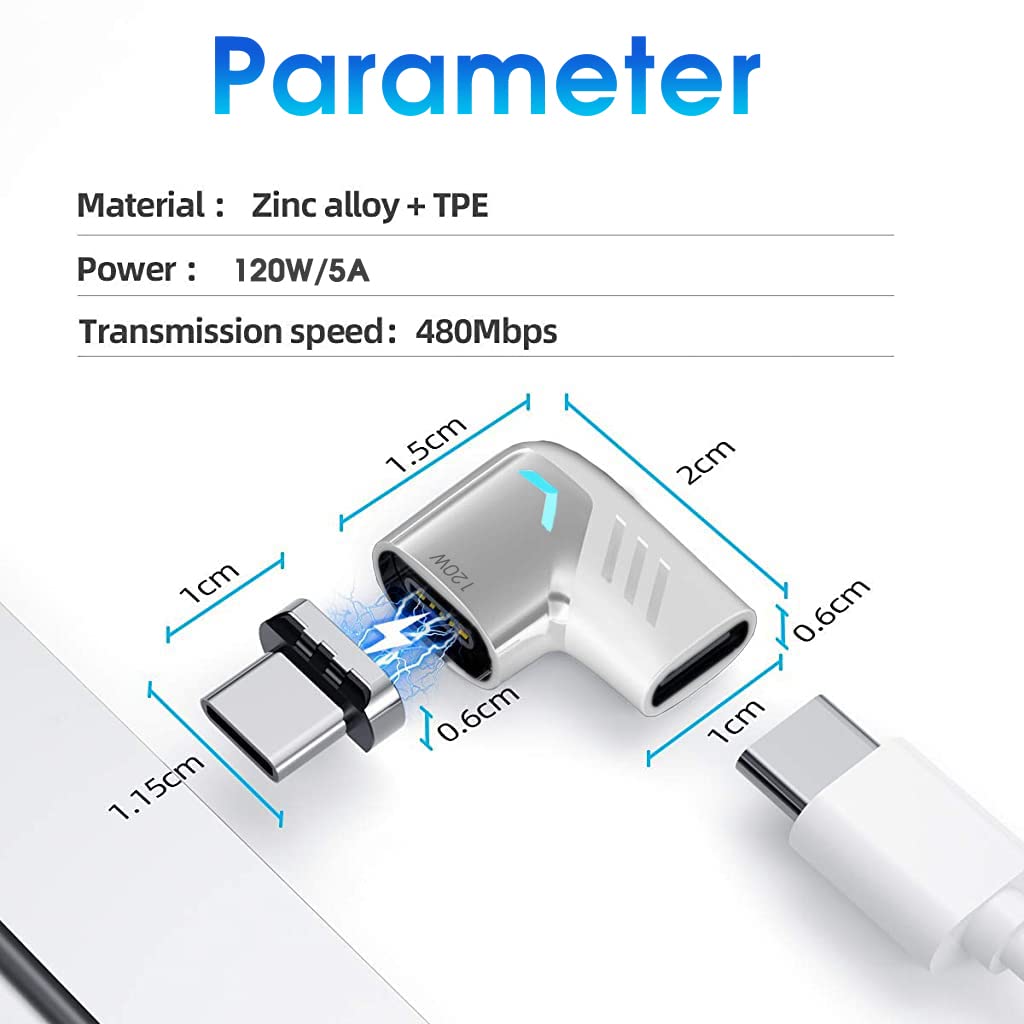 Verilux Type C Adapter Right Angle Magnetic 90 Degree USB C Adapter Type C Connector with PD 120W Fast Charge, 480Mbps Data Transfer for MacBook Pro/Air and USB C Smartphone, Laptop, Tablet White