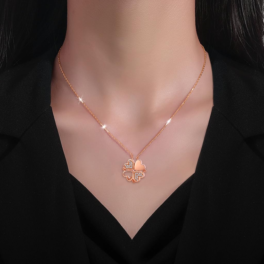 ZIBUYU Heart Necklace for Girls Women Rose Golden Alloy Four Leaf Clover Necklace for Women Transformable Pendant Jewelry Pendant for Gift Girlfriend & Birthday