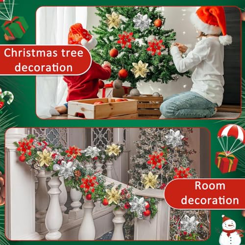 HASTHIP® 24PCS Christmas Poinsettias 5.5 inches Glittering Artificial 4 Designs Golden Red Flowers Home Decor