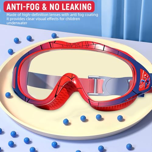 Proberos® Swimming Goggles for Kids 6-12 Years Old Super Hero UV Protection Anti-fog Coated HD with Integrated Earplugs Adjustable Silicone Head Strap Storage Box 2PCS