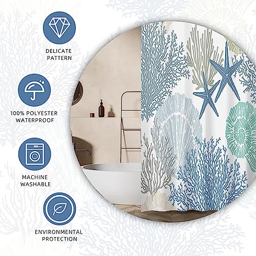 HASTHIP Shower Curtain, 180 * 180CM Starfish Seashell Coral Beach Bath Curtain Ocean Themed Underwater Marine Decor for Bathroom with 12 Hooks, Style A