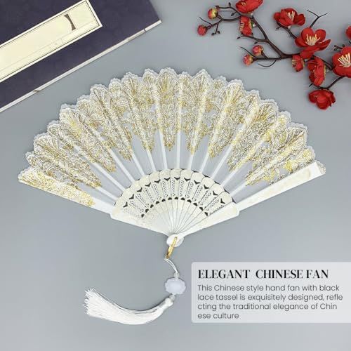 HASTHIP® Hand Fan Elegant White Fabric Traditional Chinese with Tassel Charm Summer Handheld Cooling Travel Gift for Girls Women 9 inches 3 PCS