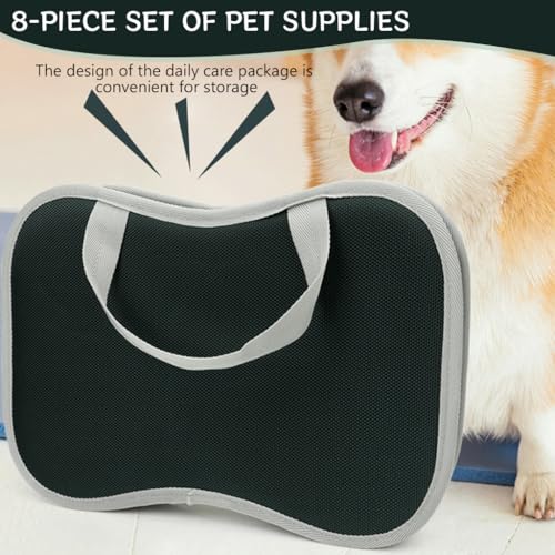 Qpets 8 in 1 Pet Grooming Kit with Hand Bag Cats Dogs Hair Grooming Tools with Dematting Tool, Nail Clipper & File, Pet Slicker Brush, Bathing Brush, Pet Double Side Teeth Brush, Folding Food Bowl