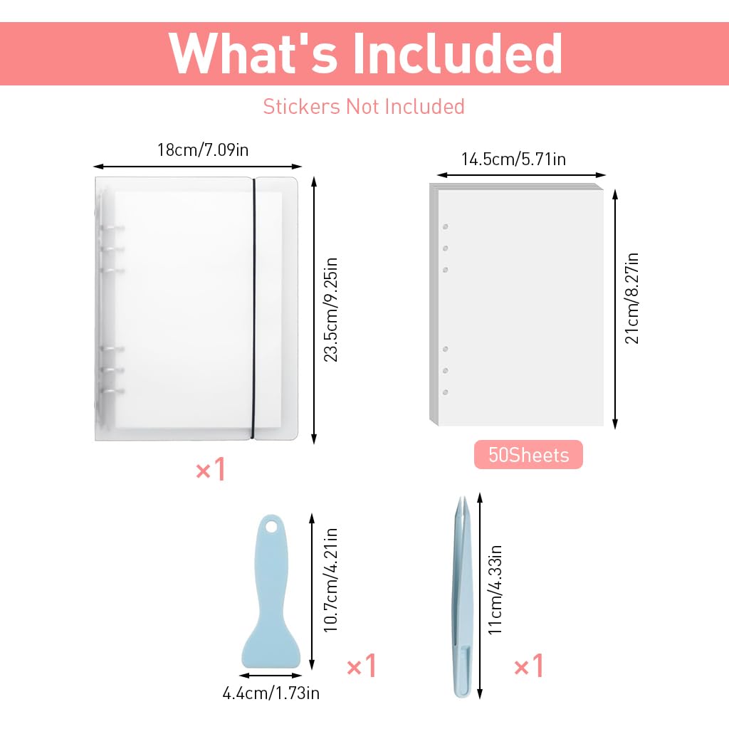 HASTHIP Journal Stickers Collecting Binder, 50 Sheets A5 Size Sticker Collecting Album, Waterproof Scrapbooking Album for Vinyl & Reusable Stickers with Tweezer & Removal Tool