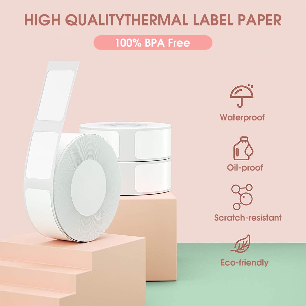 HASTHIP D30 Label Maker Tape Print Paper Black on White Sticker Thermal Paper Self-Adhesive Label Tape, 12 * 22 mm 260 Tapes/Roll