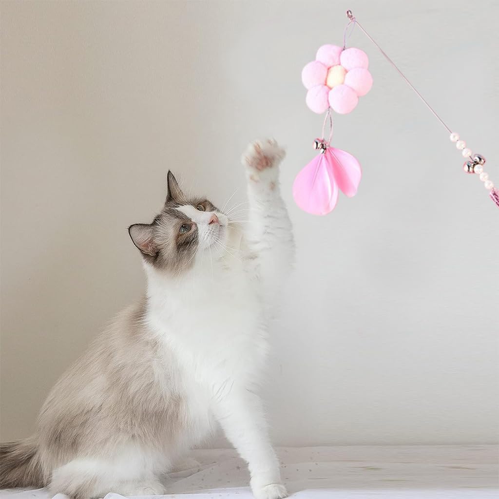Qpets Pet Toys for Cats, 2PCS Interactive Cat Toys for Persian Cat, Pink Cat Teaser Toy for Cats to Play Flower Feather Wands with Bell Feather Stick Teasing Toy