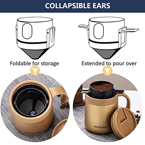 HASTHIP® Filter Coffee Maker with Bottom Cup Double Mesh Pour Over Food Grade Stainless Steel Plastic Dripper Paperless Foldable to Fit Most Keep Flavour Easy Use Clean 2 PCS