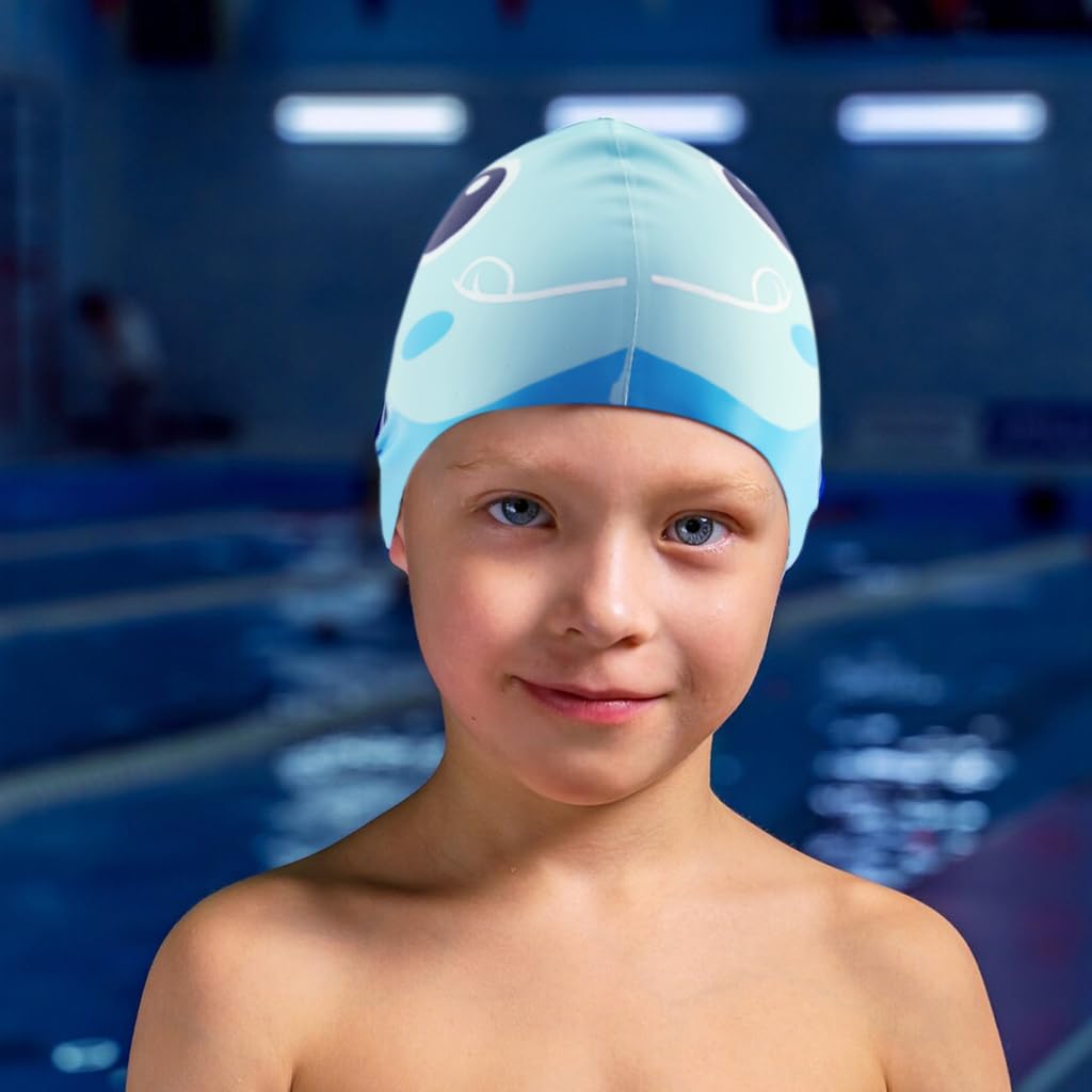 Proberos Kids Swimming Cap Slicone Swimming Cap with Nose Clip & Earplugs Blue Cartoon Dinosaur Swimming Cap for Boys Girls