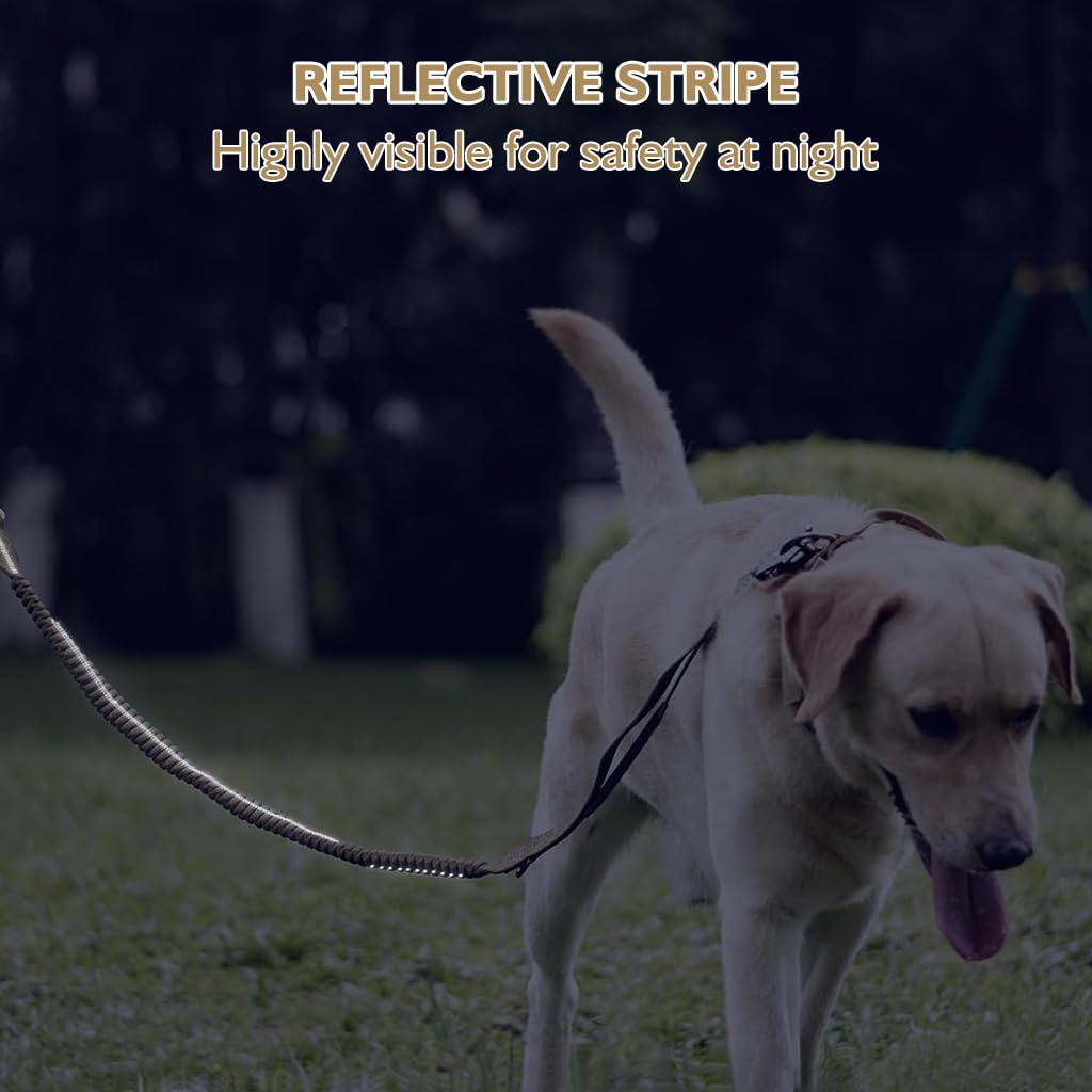 Qpets Tactical Dog Belt Seat Belt, Adjustable Dog Leash with Car Seat Belt Buckle, Safety Dog Seatbelts with 2 Control Handles, Elastic Dog Harness for Medium Large Dog, Reflective(Brown)
