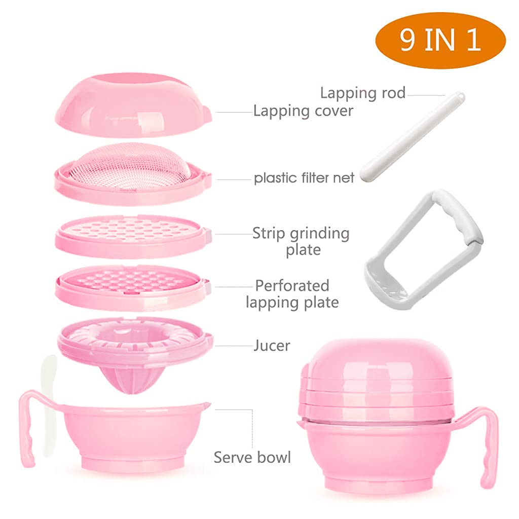 ELEPHANTBOAT 9 in 1 Versatile Baby Food Masher Mill, Food Processor, Grinder, Juicer, Filter with Textured Mashing and Filtering Plates, BPA-Free Serve Bowl