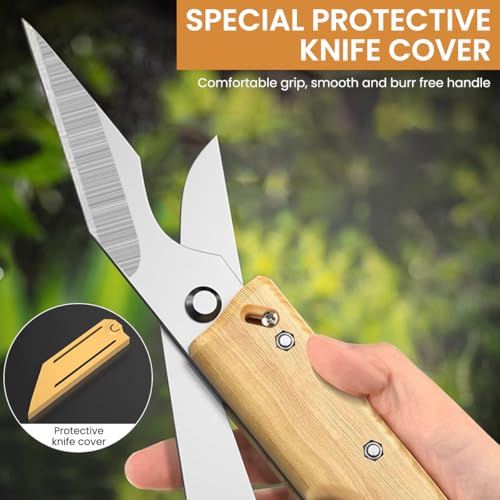 HASTHIP® Grafting Cutter Tool 3 in 1 Gardening Shears Wooden Handle Rugged Steel Cleft with Sheath Multifunctional 3PCS