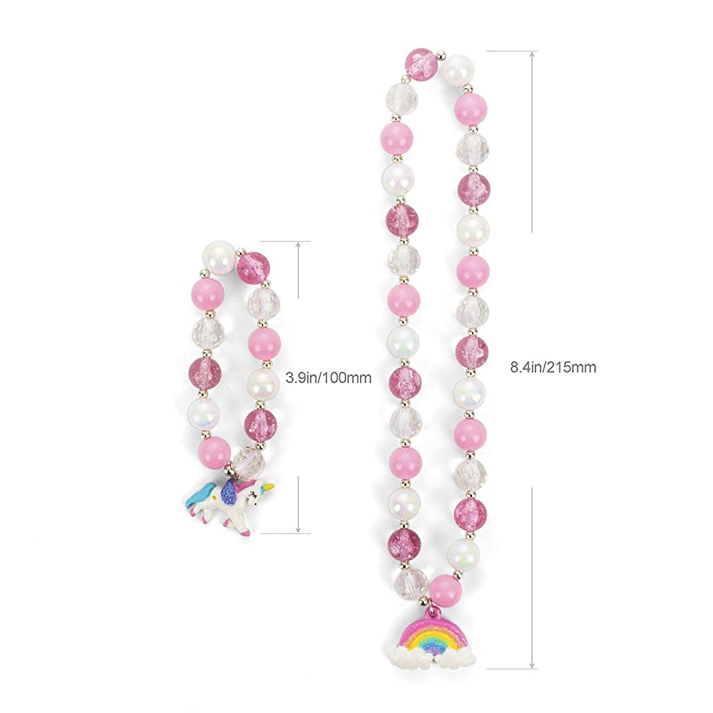 PALAY Girls' Unicorn Beads Bracelet Necklaces Rainbow Set(1 Necklace & 1 Bracelet): Unicorn Jewellery Birthday Gift Great Costume Jewelry for Children Girls and Dress Up-Pink