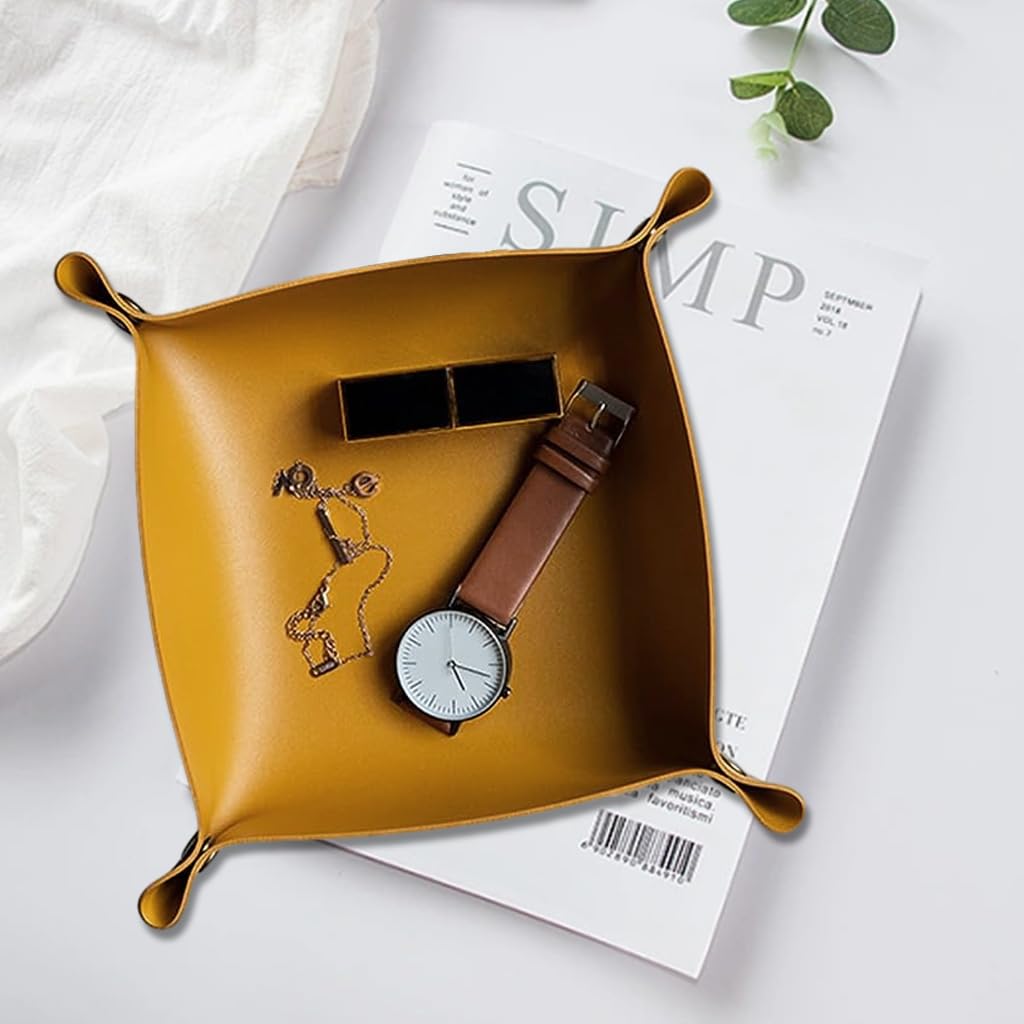 MAYCREATE 3Pcs Leather Valet Tray Organizer, Jewelry Tray, Desk Organizer Leather Catchall Tray for Jewelry/Key/Sun Glasses/Watch/USB Cables/phone etc. For Travel, Home Or Office, Yellow
