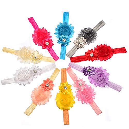 PALAY Baby Girls Hairband Pearl Crystal Rhinestone Flower Bow Lace Band Elastic Baby Headbands for Baby Girl, Pack of 10 - Multicolor