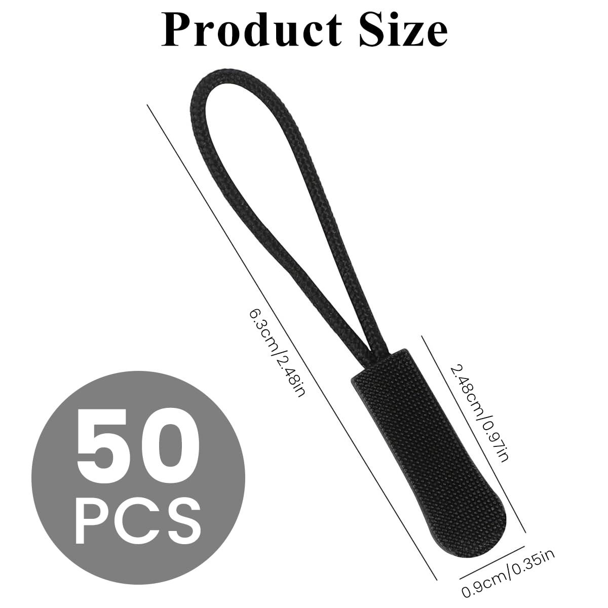 HASTHIP 50Pcs Zipper Pulls Replacement, Zipper Tabs Black Cord Extender Zipper Pull for Backpack, Luggage, Purse, Jacket, Boot, Gloves