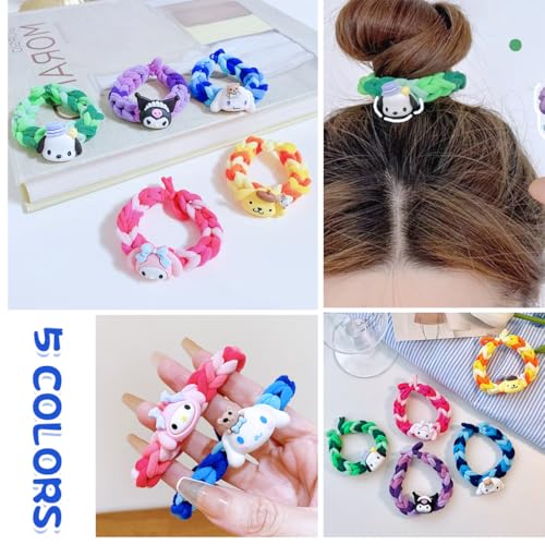 SANNIDHI® 10PCS Girls Hair Ties Kawaii Sanrio Kuromi Cinnamoroll Melody Cartoon Elastic Woven Charm Bracelets Gift Hair Accessories
