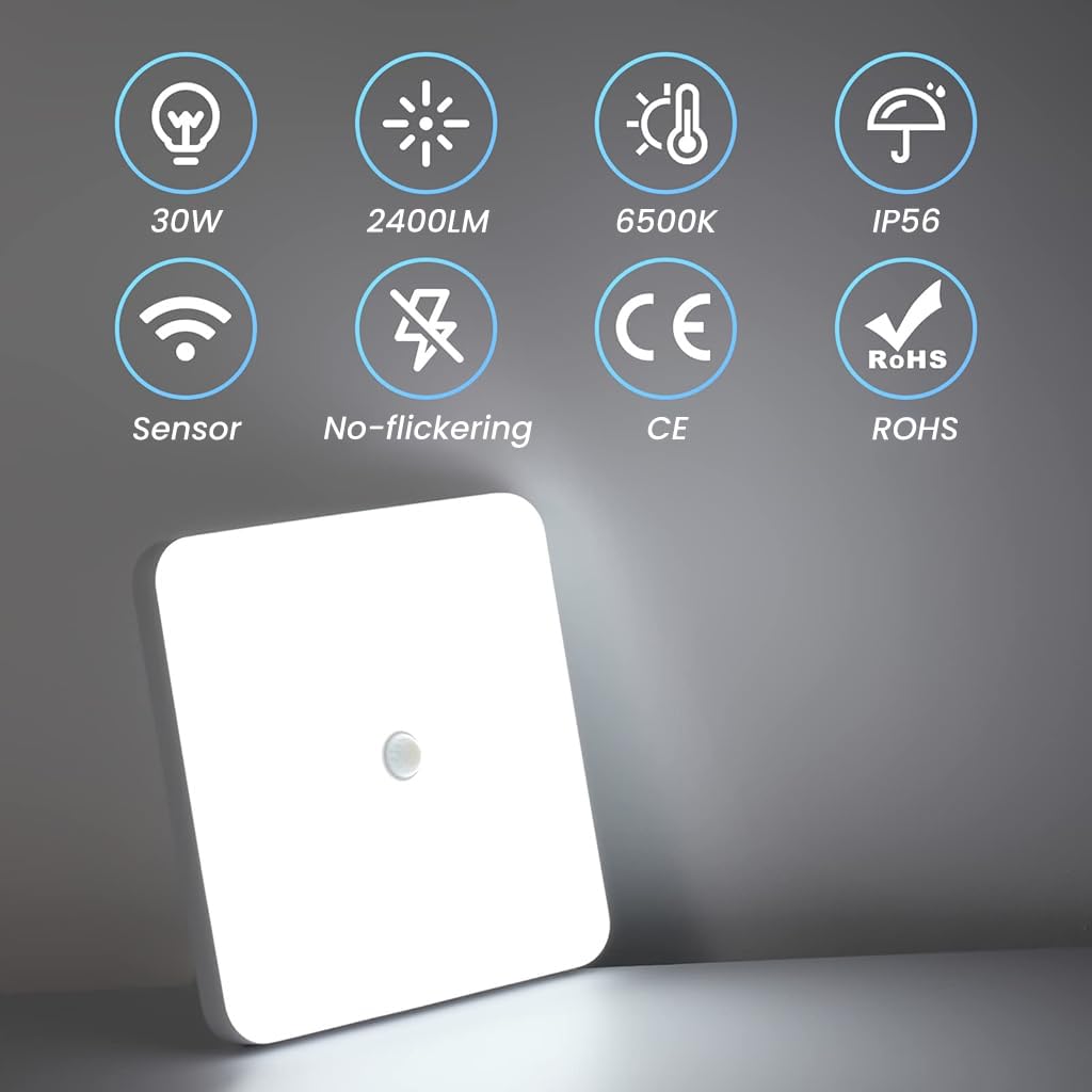 ELEPHANTBOAT 30W LED Ceiling Light with Motion Sensor 2400LM High Brightness White Light 9.8'' Square Ceiling Light Smart Motion Sensor Ceiling Lamp for Porch, Garage, Corridors, Stairway, Balcony