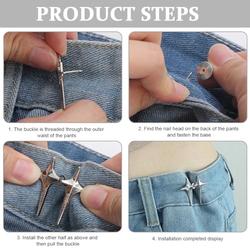 SANNIDHI® 1 Pairs Adjustable Waist Buckle for Unfit Jeans Pants, Pants Size Adjuster Silver Star Instant Jeans Button Pins Waist Tightener, Detachable No Sewing for Pant, Skirt