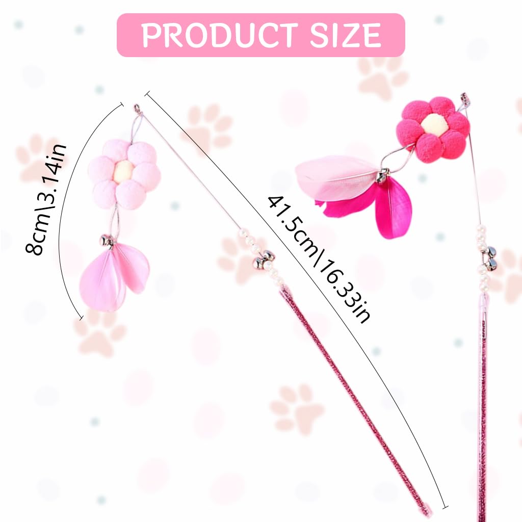 Qpets Pet Toys for Cats, 2PCS Interactive Cat Toys for Persian Cat, Pink Cat Teaser Toy for Cats to Play Flower Feather Wands with Bell Feather Stick Teasing Toy